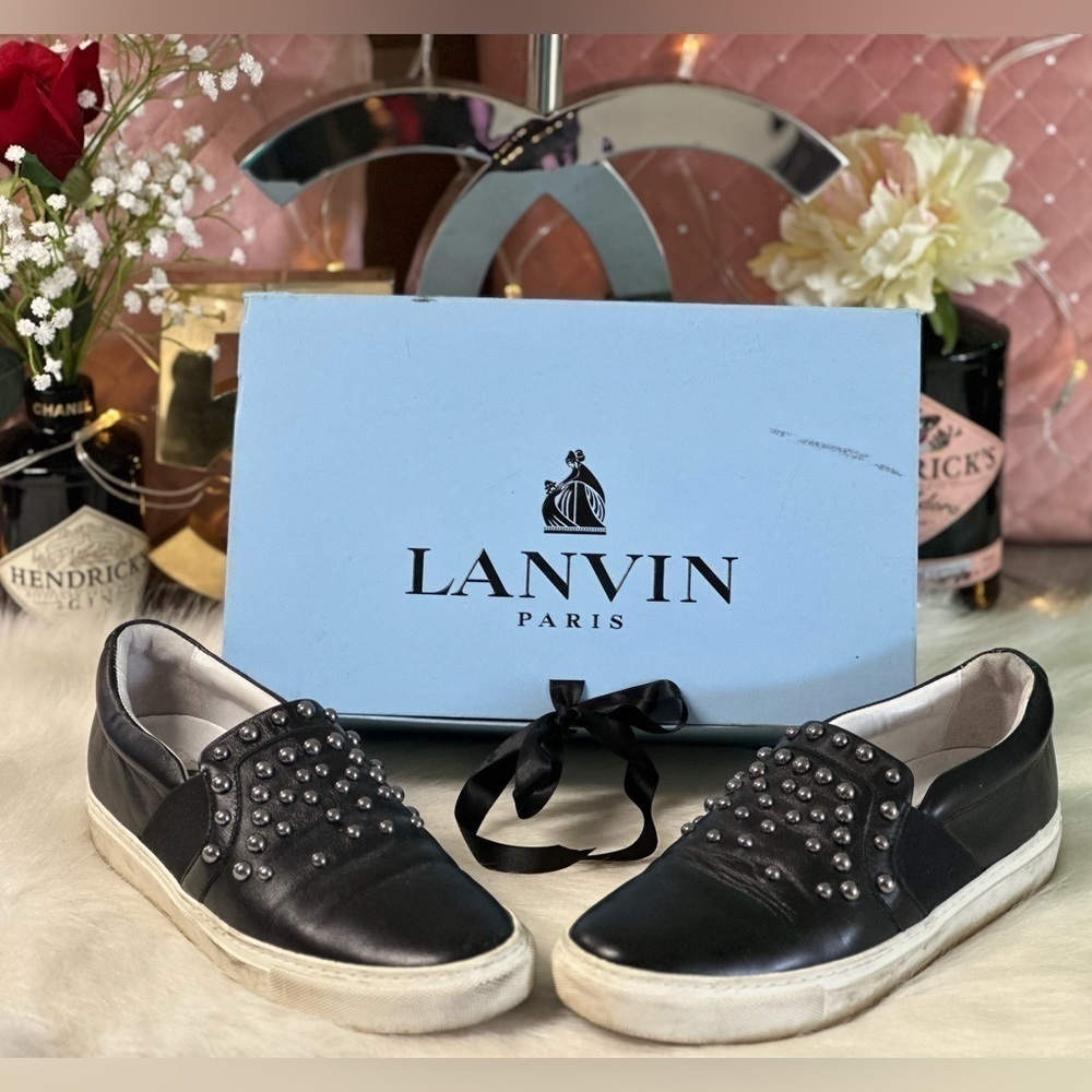AUTHENTIC LANVIN BLACK STUDDED CALF LEATHER SLIP ON SNEAKERS EU 37 US 7